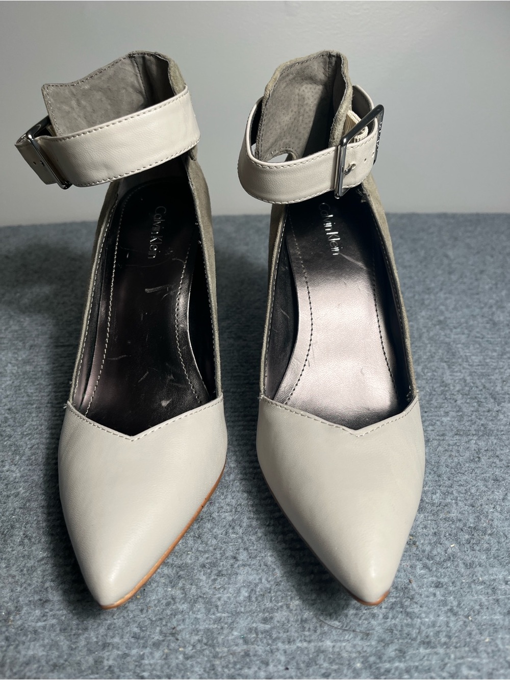 Calvin Klein Pointed Ankle-Strap Pumps in Light Gray